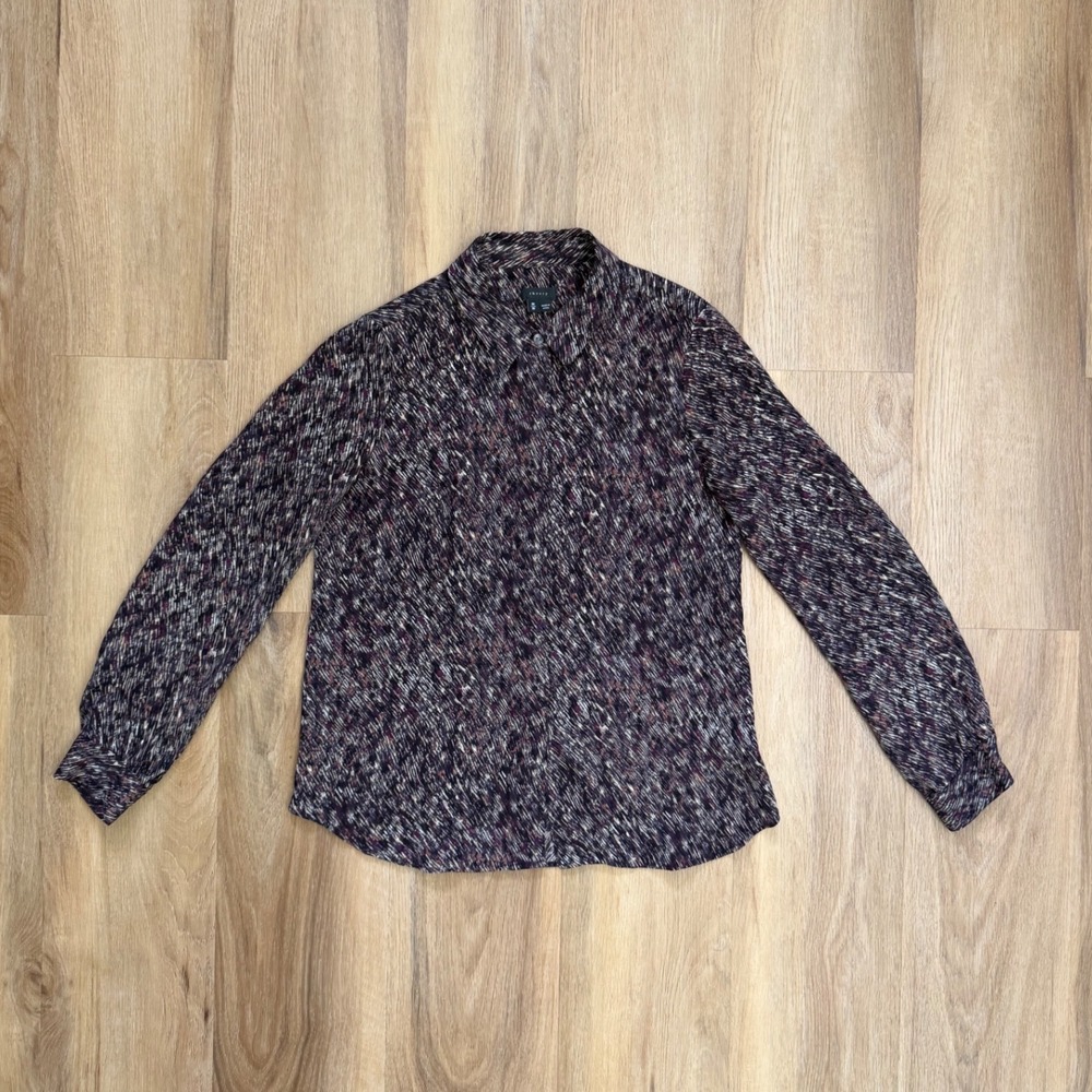Theory Silk Blouse Medium Purple‎ Abstract Print Long Sleeve Button Down